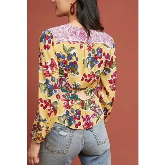 Anthropologie Floral Patchwork Top- Meadow Rue Long Sleeve Wrap Blouse- Size 0 - Picture 2 of 14